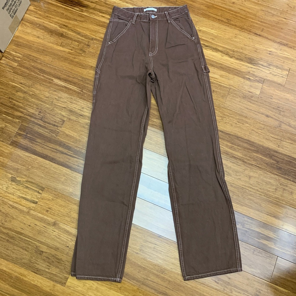 PacSun Women's Straight Leg Jeans in Brown with Contrast Stitching
